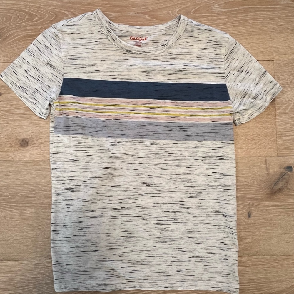 Boys Cat and Jack tshirt.  Heather grey with strip, size 8/10